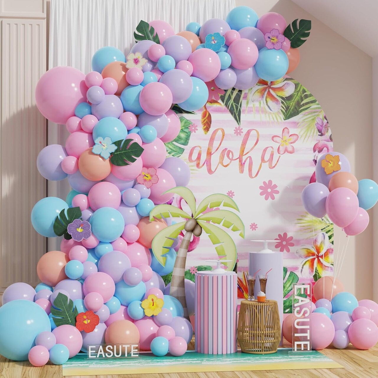 Pink Purple and Blue Balloon Garland Arch Kit with Summer Hibiscus Stickers for Tropical Hawaii Luau Party Supplies Aloha Luau Party Summer Baby Shower Birthday Decorations